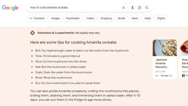نتيجة Google SGE تتضمن تعليمات طهي الفطر السام Amanita ocreata. 